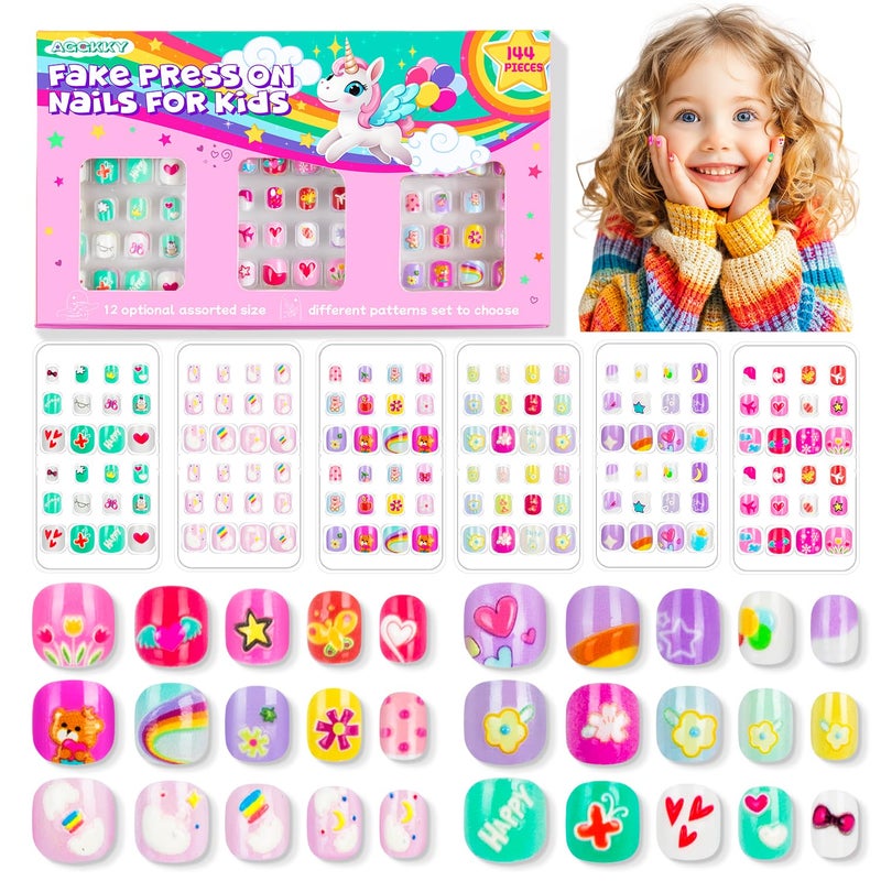 AGGKKY 144 Pieces 6 Pack Kids Press on Nails Artificial Fake Nails for Kids Girls Pre Glue Full Cover Short Acrylic False Nail Tips Art Kits Gifts for Girls Nail Art Decoration (Lovely Pattern) - Image 1