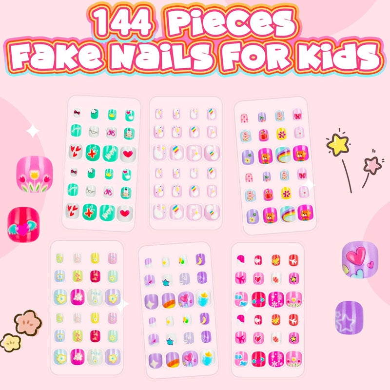 AGGKKY 144 Pieces 6 Pack Kids Press on Nails Artificial Fake Nails for Kids Girls Pre Glue Full Cover Short Acrylic False Nail Tips Art Kits Gifts for Girls Nail Art Decoration (Lovely Pattern) - Image 2