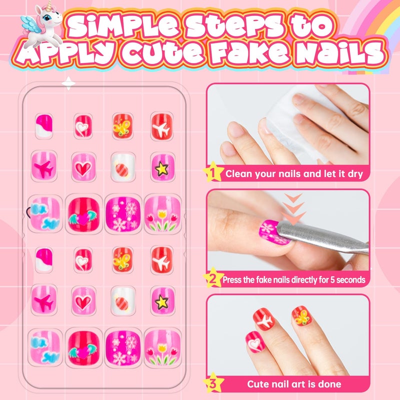 AGGKKY 144 Pieces 6 Pack Kids Press on Nails Artificial Fake Nails for Kids Girls Pre Glue Full Cover Short Acrylic False Nail Tips Art Kits Gifts for Girls Nail Art Decoration (Lovely Pattern) - Image 4