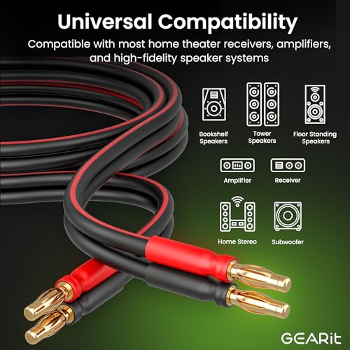 GEARit 14 AWG Speaker Cable Wire with Banana Plugs (2 Pack, 6.6 Feet - 2 Meter) 14Ga Gauge Banana Wire for Bi-Wire Bi-Amp HiFi Surround Sound - 99.9% OFC Copper, Gold Plated Tips - Black, 6 Ft - Image 3
