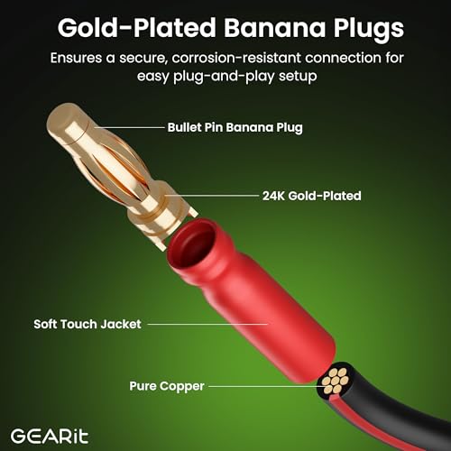 GEARit 14 AWG Speaker Cable Wire with Banana Plugs (2 Pack, 6.6 Feet - 2 Meter) 14Ga Gauge Banana Wire for Bi-Wire Bi-Amp HiFi Surround Sound - 99.9% OFC Copper, Gold Plated Tips - Black, 6 Ft - Image 4