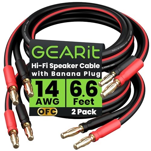 GEARit 14 AWG Speaker Cable Wire with Banana Plugs (2 Pack, 6.6 Feet - 2 Meter) 14Ga Gauge Banana Wire for Bi-Wire Bi-Amp HiFi Surround Sound - 99.9% OFC Copper, Gold Plated Tips - Black, 6 Ft - Image 1
