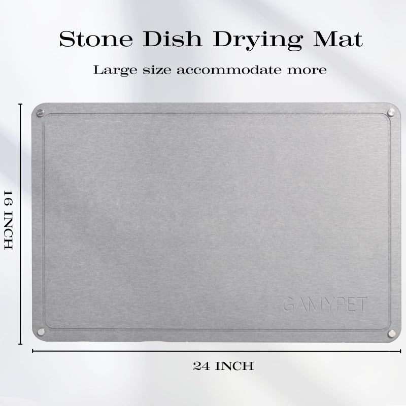 GAMYPET Stone Dish Drying Mat 24"Ã—16" Large Diatomaceous Earth Dishes Quick Dry Pad for Kitchen Counter with Heighten Stainless Steel Feet, Fits Various Countertops & Drain Bowl Racks, Light Gray - Image 2