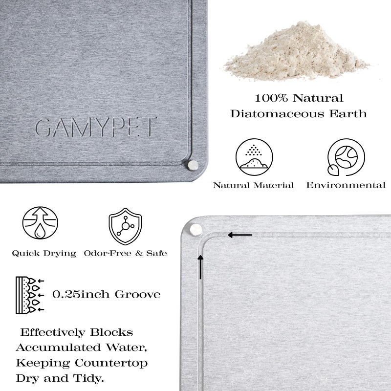 GAMYPET Stone Dish Drying Mat 24"Ã—16" Large Diatomaceous Earth Dishes Quick Dry Pad for Kitchen Counter with Heighten Stainless Steel Feet, Fits Various Countertops & Drain Bowl Racks, Light Gray - Image 3