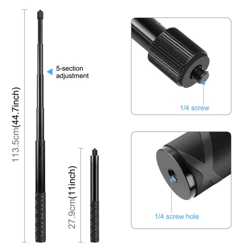 Motorcycle Bike Selfie Stick Handlebar Mount Camera Bracket 27.9cm-113.5cm Adjustable Length with 1/4 Inch Screw Replacement for INSTA360 X2/X3 - Image 3