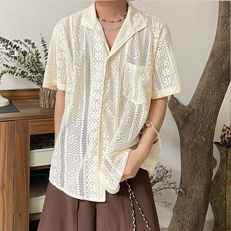 American Style Retro Niche Design Sense Cuban Collar Hollow Short Sleeve Shirt Mens and Womens Loose Casual Thin Breathable Shirt Apricot - Image 1