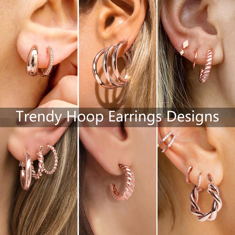 Adoyi Rose Gold Hoop Earrings Set for Women Girls Trendy 14K Plated Gold Hoops Small Chunky Earrings Twisted Huggie Ear rings Pack Lightweight 9 Pairs Jewelry Set for Mother's Day Birthday Gifts - Image 4