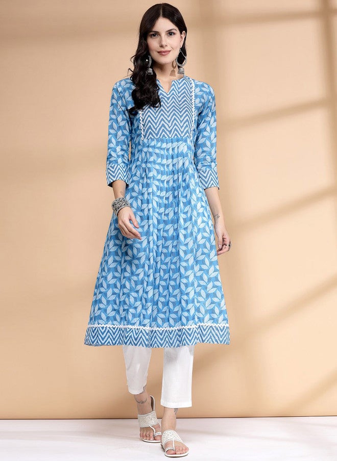 LARGISH Notch Neck Floral Printed A-Line Kurta in Blue & White - Image 1