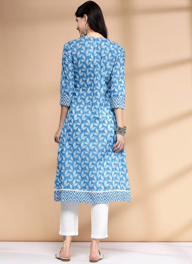 LARGISH Notch Neck Floral Printed A-Line Kurta in Blue & White - Image 4