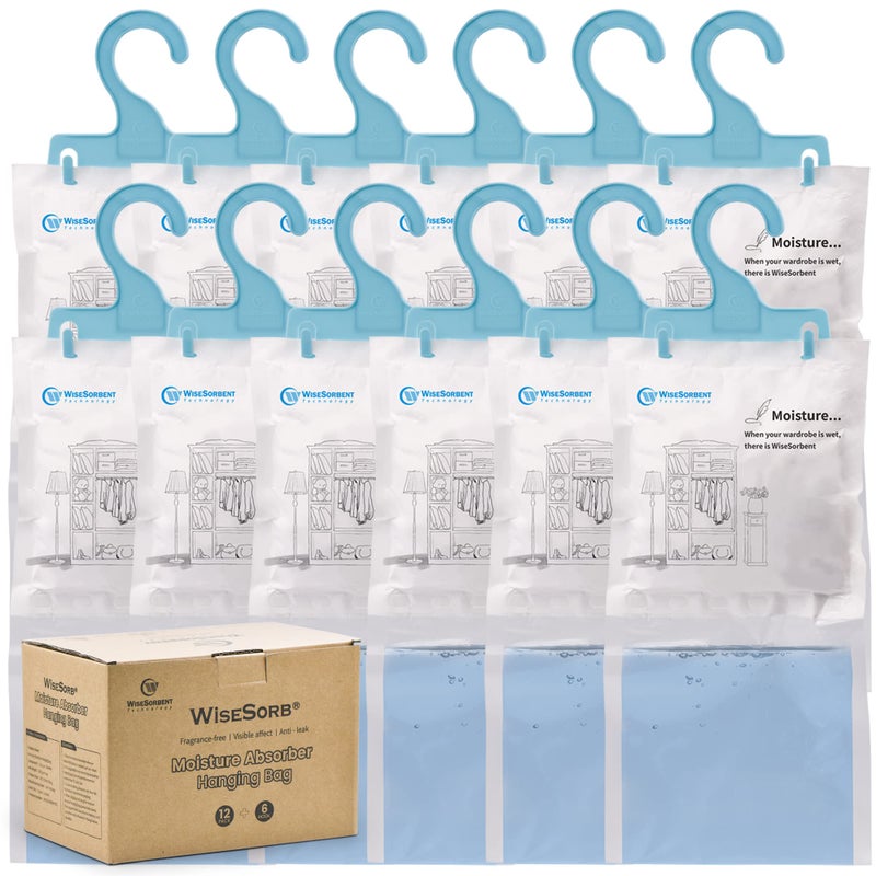 Wisesorb 12 Pack 7 oz ea Moisture Absorber Refill Hanging Bags Moisture Absorber Packets with Reusable 6pcs Hooks Humidity Packs Hanging Closet Dehumidifier Bags