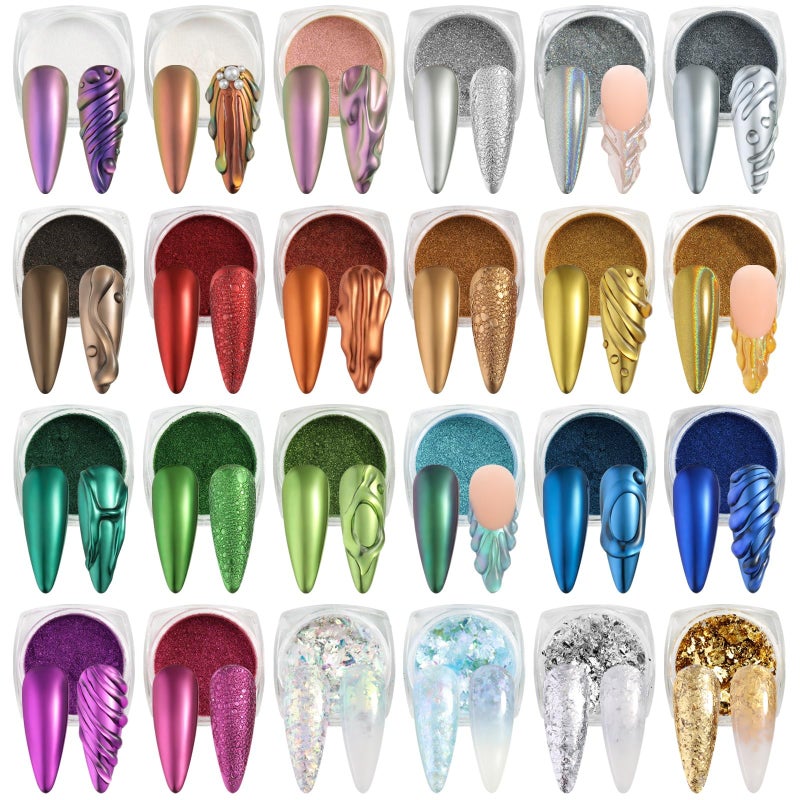 SUTOKAKA 24 Colors Chrome Nail Powder Set Holographic Iridescent Mirror Effect Metallic Nail Powder Unicorn Aurora Pearl Dust Nail Pigment for Gel Nails DIY Nail Decorations - Image 3
