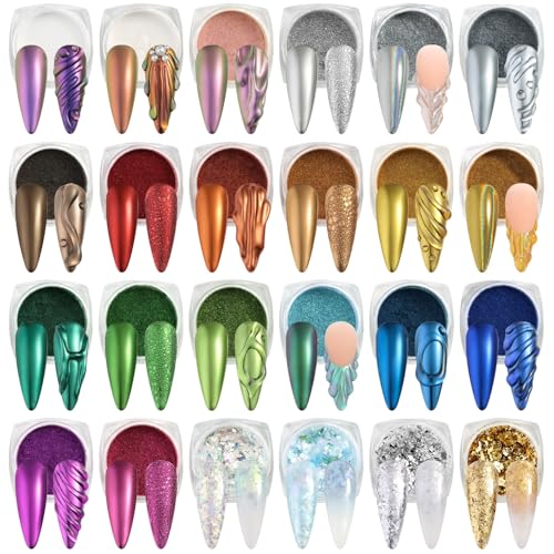 SUTOKAKA 24 Colors Chrome Nail Powder Set Holographic Iridescent Mirror Effect Metallic Nail Powder Unicorn Aurora Pearl Dust Nail Pigment for Gel Nails DIY Nail Decorations - Image 1