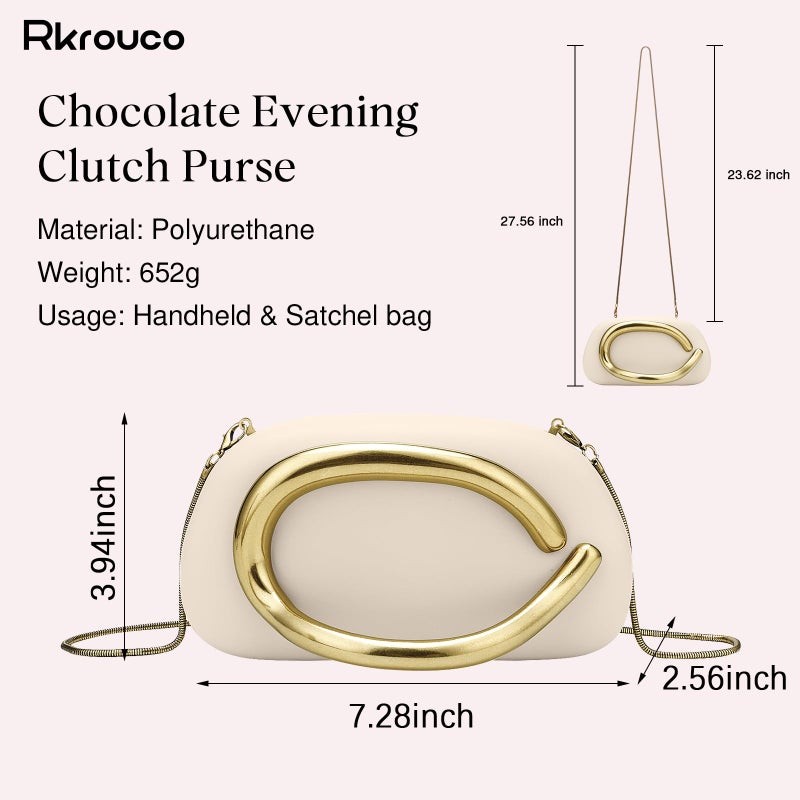 Rkrouco PU Leather Women's Evening Handbags Chocolates Clutch Purse Easy Match with Chain Crossbody Metal Decoration Shoulder Bag (Beige) - Image 4