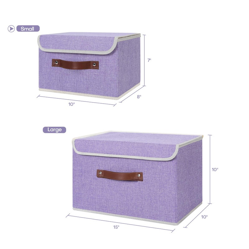 Anminy Storage Bin With Lid Storage Boxes With Pu Leather Handles Pp Plastic Board Decorative Foldable Lidded Cotton Linen Fabric Home Cubes Baskets Closet Organizer Container - Purple  Small Size - Image 5