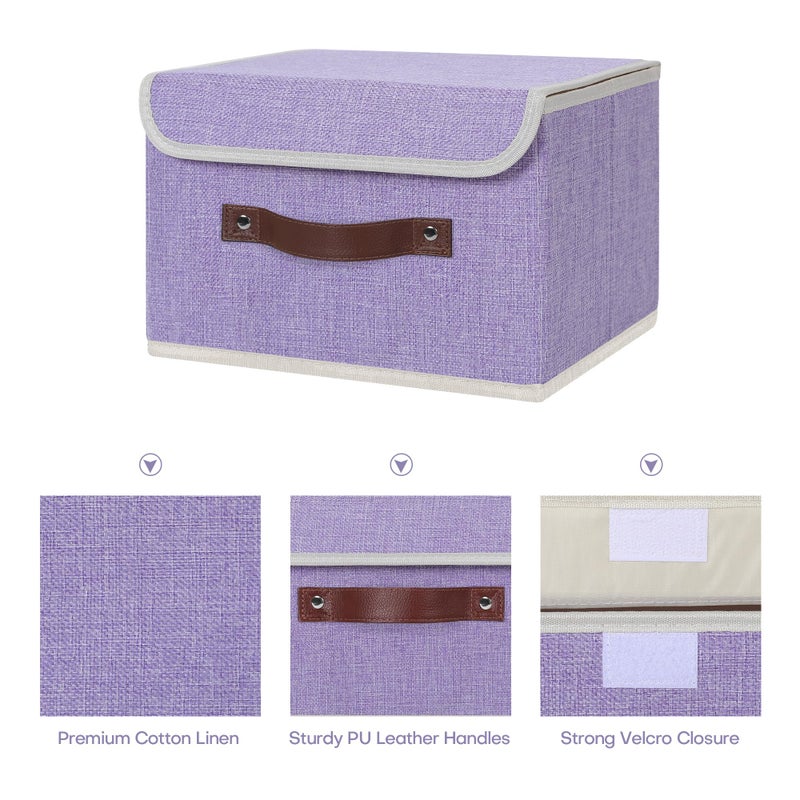 Anminy Storage Bin With Lid Storage Boxes With Pu Leather Handles Pp Plastic Board Decorative Foldable Lidded Cotton Linen Fabric Home Cubes Baskets Closet Organizer Container - Purple  Small Size - Image 3