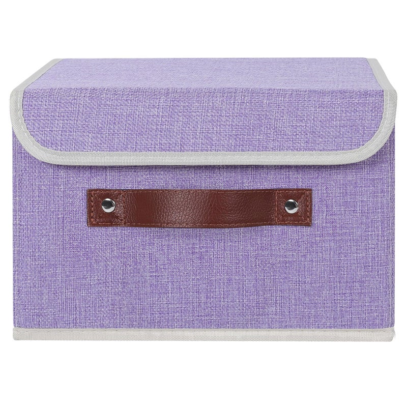 Anminy Storage Bin With Lid Storage Boxes With Pu Leather Handles Pp Plastic Board Decorative Foldable Lidded Cotton Linen Fabric Home Cubes Baskets Closet Organizer Container - Purple  Small Size - Image 2