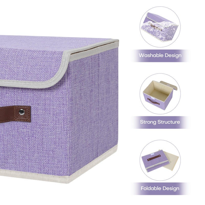 Anminy Storage Bin With Lid Storage Boxes With Pu Leather Handles Pp Plastic Board Decorative Foldable Lidded Cotton Linen Fabric Home Cubes Baskets Closet Organizer Container - Purple  Small Size - Image 4