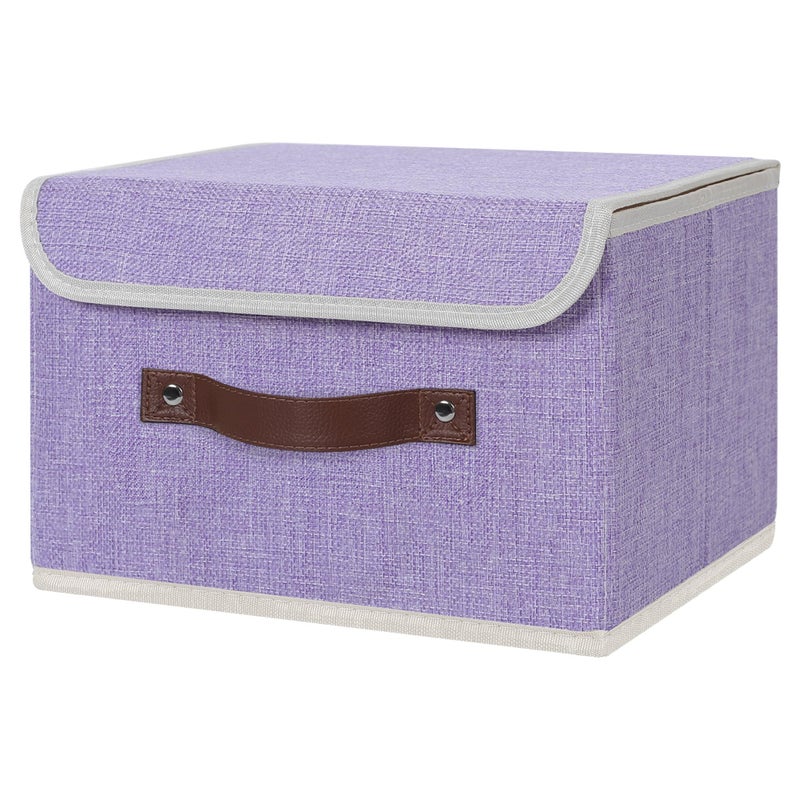 Anminy Storage Bin With Lid Storage Boxes With Pu Leather Handles Pp Plastic Board Decorative Foldable Lidded Cotton Linen Fabric Home Cubes Baskets Closet Organizer Container - Purple  Small Size - Image 1