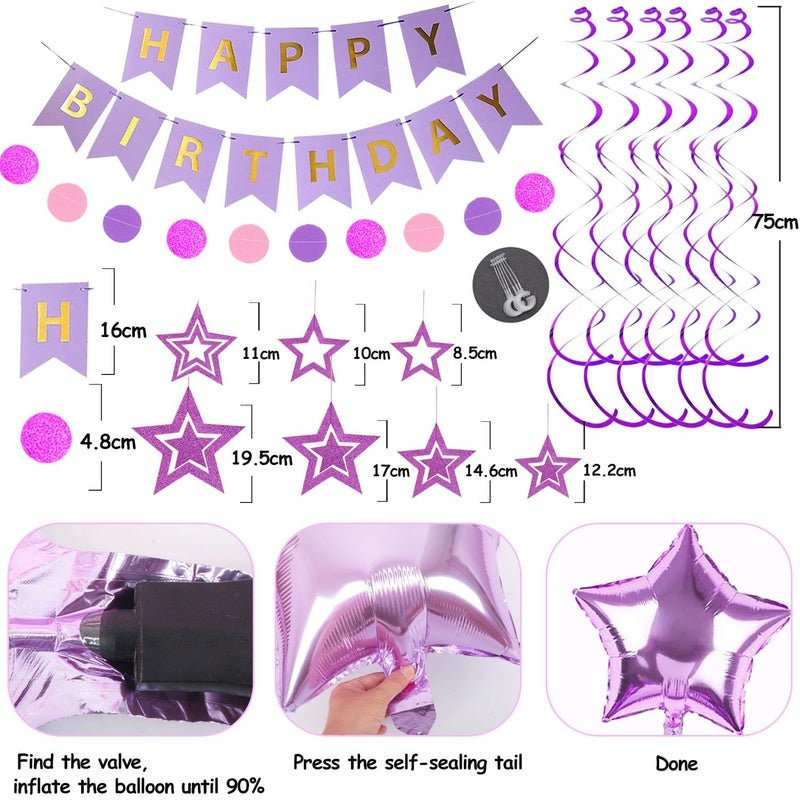 Douvelue Purple Birthday Decorations, Happy Birthday Banner and Purple Star Balloons, Glitter Hanging Stars with Hanging Swirls, Circle Dot Paper Garland, for Women Girls Party Decoration - Image 5