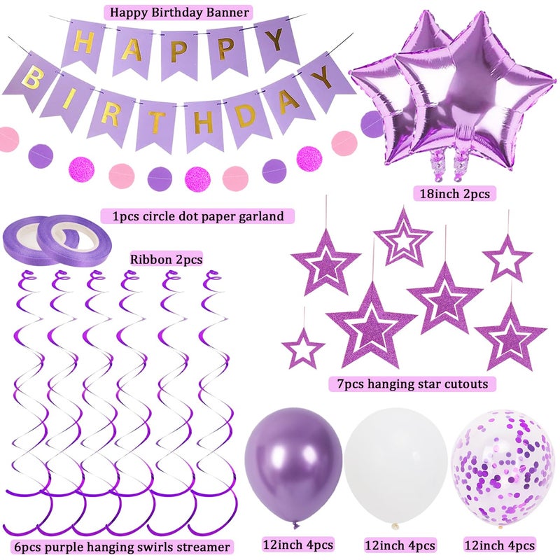 Douvelue Purple Birthday Decorations, Happy Birthday Banner and Purple Star Balloons, Glitter Hanging Stars with Hanging Swirls, Circle Dot Paper Garland, for Women Girls Party Decoration - Image 2