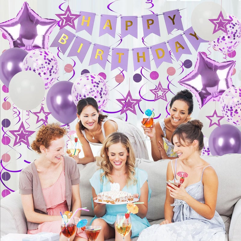 Douvelue Purple Birthday Decorations, Happy Birthday Banner and Purple Star Balloons, Glitter Hanging Stars with Hanging Swirls, Circle Dot Paper Garland, for Women Girls Party Decoration - Image 3