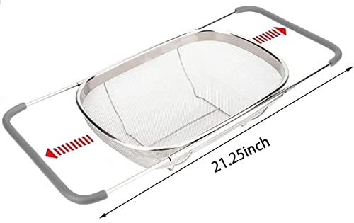 AJIODA Over The Sink Colander 6 Quarts Stainless Steel Oval Colander with Expandable Rubber Grip Handle Fine Mesh Strainer Baskets Kitchen Colanders for Strain Drain Rinse Vegetables Fruits Grey - Image 3