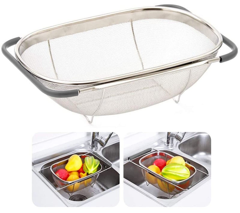 AJIODA Over The Sink Colander 6 Quarts Stainless Steel Oval Colander with Expandable Rubber Grip Handle Fine Mesh Strainer Baskets Kitchen Colanders for Strain Drain Rinse Vegetables Fruits Grey - Image 2