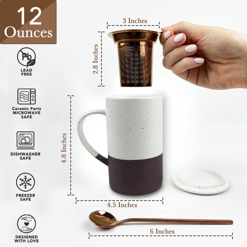MORA CERAMICS HIT PAUSE Mora Ceramics Tea Cup with Loose Leaf Infuser, Spoon and Lid, 12 oz, Microwave and Dishwasher Safe Coffee Mug - Rustic Matte Ceramic Glaze, Modern Herbal Tea Strainer - Great Gift for Women, Garnet - Image 2