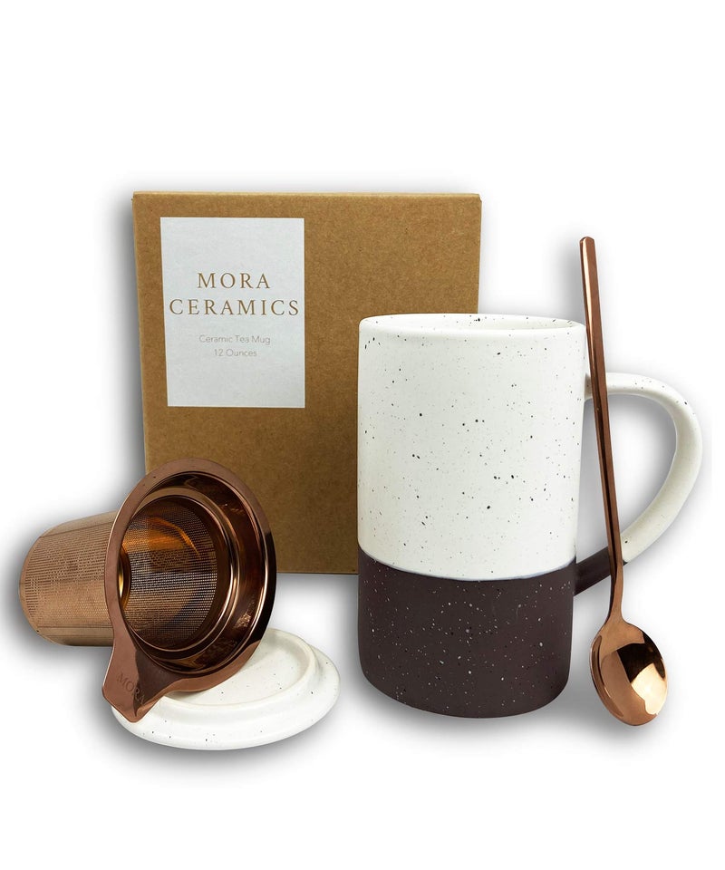 MORA CERAMICS HIT PAUSE Mora Ceramics Tea Cup with Loose Leaf Infuser, Spoon and Lid, 12 oz, Microwave and Dishwasher Safe Coffee Mug - Rustic Matte Ceramic Glaze, Modern Herbal Tea Strainer - Great Gift for Women, Garnet - Image 1