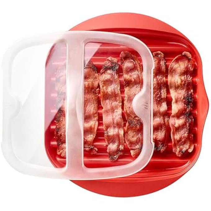 GraGra Microwave Bacon Cooker With Splatter Guard Lid  BpaFree Plastic Tray Makes Crispy Bacon In 24 Minutes NoMess Microwave Grill Pan Red - Image 2