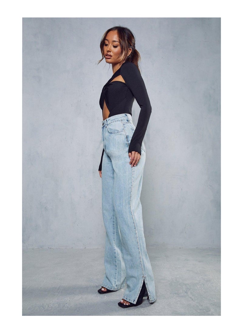 Miss Pap - Diamante Side Split Hem Denim Jeans - Image 1
