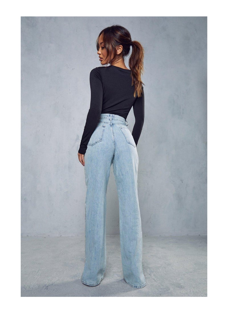 Miss Pap - Diamante Side Split Hem Denim Jeans - Image 1