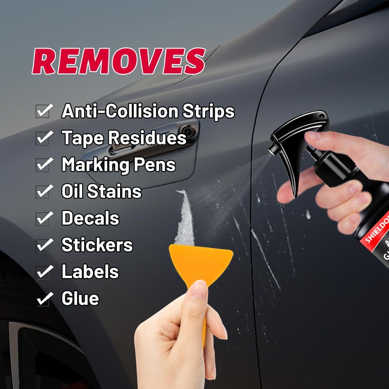 SHIELDOM Adhesive Remover, Dissolve & Soften Adhesives on Car Glass & Paint, Easily Remove Glue Sticker Labels Decals Tape Residue, Portable Spray Removal Set with Scraper, Spatula, Towel -3.4oz/100ml - Image 4
