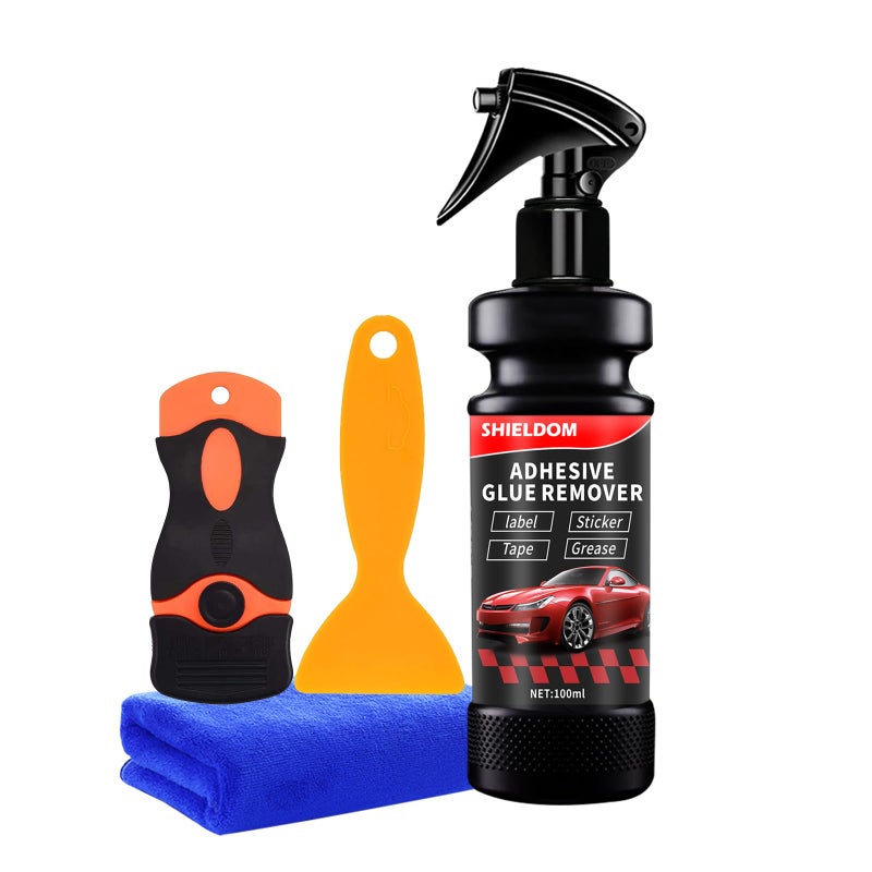 SHIELDOM Adhesive Remover, Dissolve & Soften Adhesives on Car Glass & Paint, Easily Remove Glue Sticker Labels Decals Tape Residue, Portable Spray Removal Set with Scraper, Spatula, Towel -3.4oz/100ml - Image 1