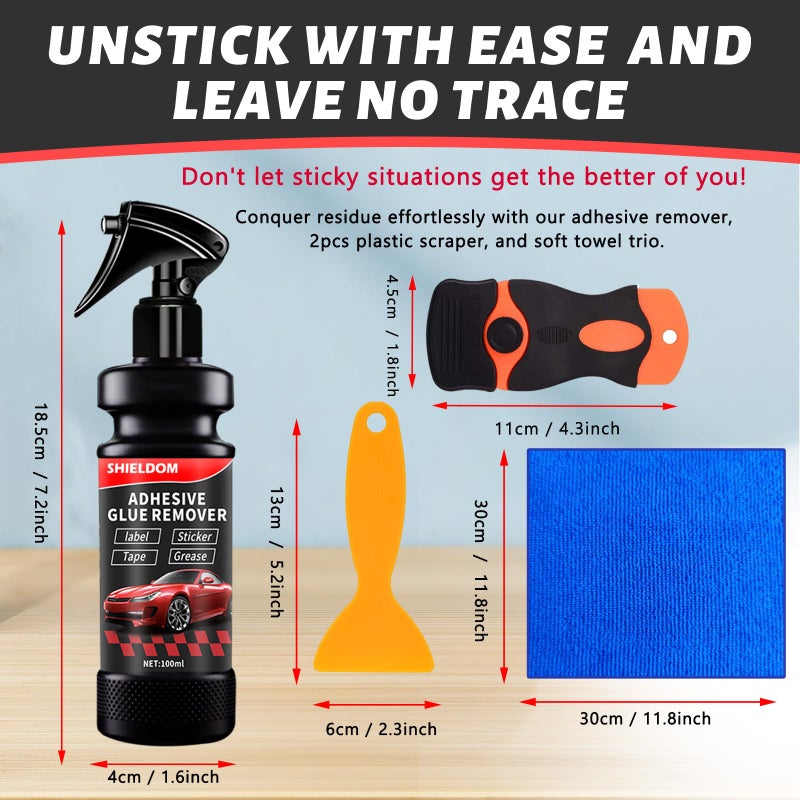 SHIELDOM Adhesive Remover, Dissolve & Soften Adhesives on Car Glass & Paint, Easily Remove Glue Sticker Labels Decals Tape Residue, Portable Spray Removal Set with Scraper, Spatula, Towel -3.4oz/100ml - Image 5