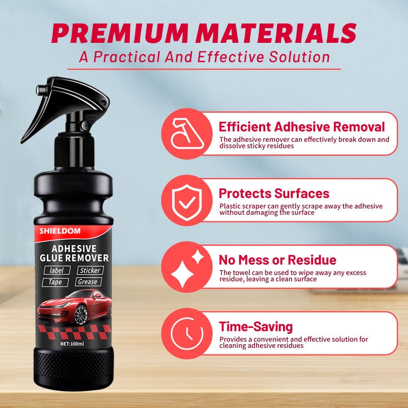 SHIELDOM Adhesive Remover, Dissolve & Soften Adhesives on Car Glass & Paint, Easily Remove Glue Sticker Labels Decals Tape Residue, Portable Spray Removal Set with Scraper, Spatula, Towel -3.4oz/100ml - Image 3