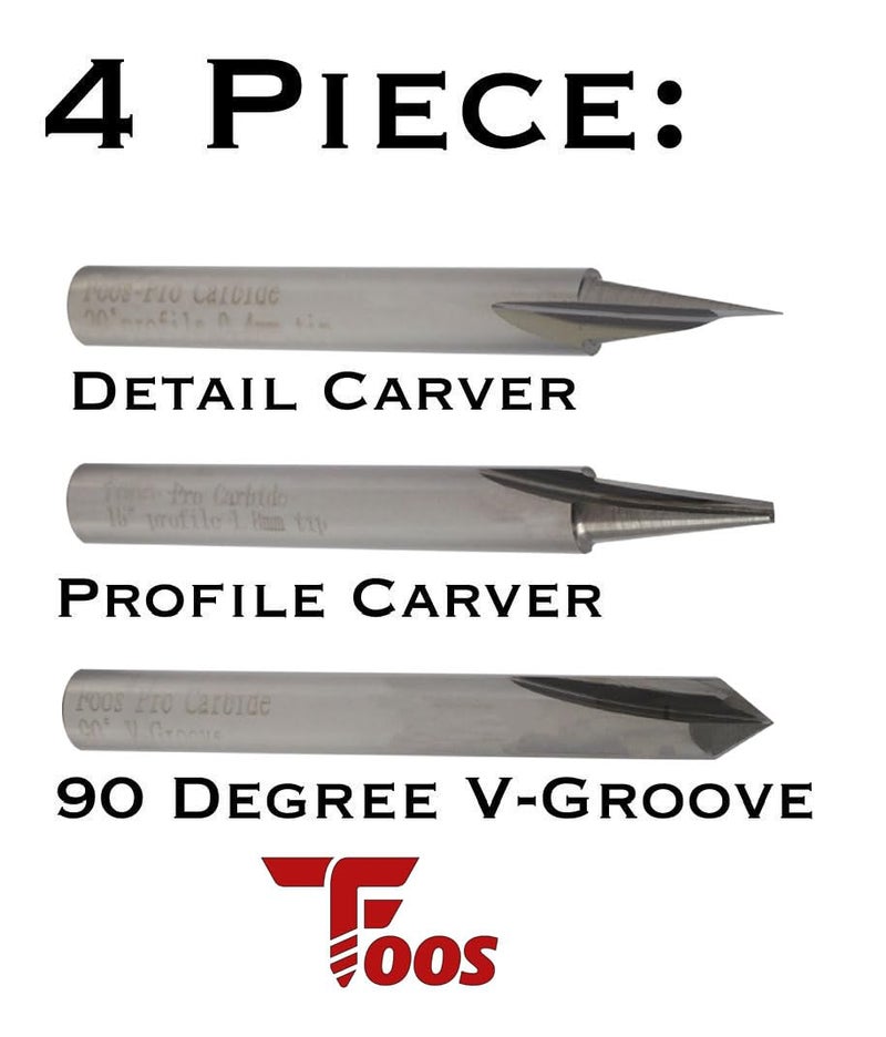 foos Wood Carving Router Bit Set - 3pcs 15°,20°,90° (3 Flutes) - Solid Carbide - 1/4” Shanks - USA Veteran Owned - Image 2