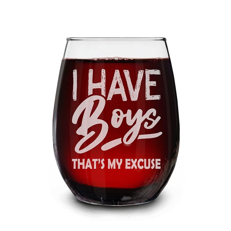 Shop4Ever shop4ever I Have Boys Thats My Excuse Funny Engraved Stemless Wine Glass 15 oz Mothers Day Gift for Mom Boy Mama 