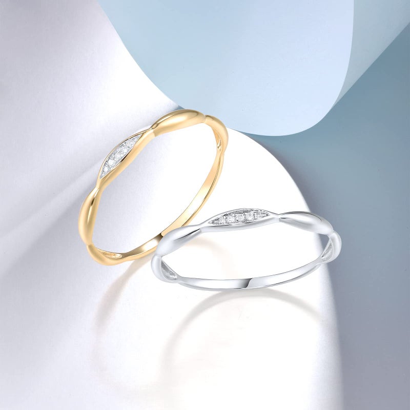 Santuzza 10K Yellow Solid Gold Genuine Diamond Dainty Twisted Stacking Ring for Women (6) - Image 3