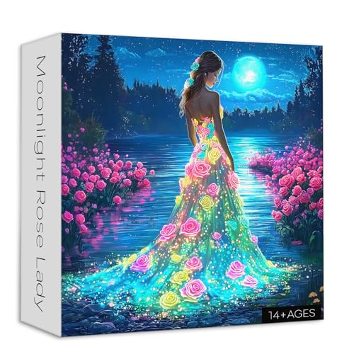 Larkipuzz Elegant Lady Jigsaw Puzzles for Adults 1000 Pieces Larkipuzz Lake Moonlight Flower Puzzle Night Impossible Colorful Rose Dress Puzzle as Home Decoration - Image 1