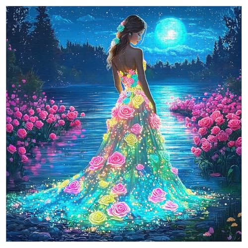 Larkipuzz Elegant Lady Jigsaw Puzzles for Adults 1000 Pieces Larkipuzz Lake Moonlight Flower Puzzle Night Impossible Colorful Rose Dress Puzzle as Home Decoration - Image 5