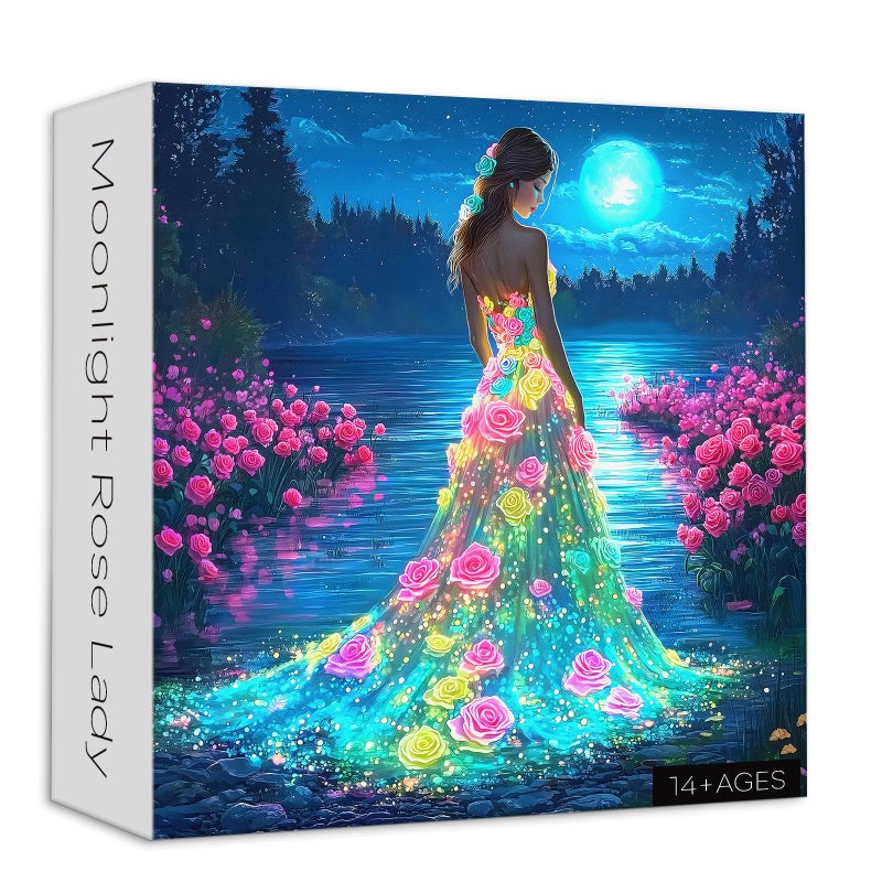 Larkipuzz Elegant Lady Jigsaw Puzzles for Adults 1000 Pieces Larkipuzz Lake Moonlight Flower Puzzle Night Impossible Colorful Rose Dress Puzzle as Home Decoration - Image 3