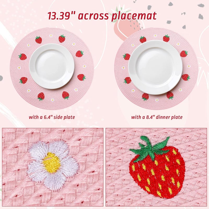 Whaline 4Pcs Round Placemats Daisy Strawberry Embroidered Place Mats Summer Strawberry Dinner Table Mats for Home Wedding Baby Shower Birthday Party Decor - Image 2
