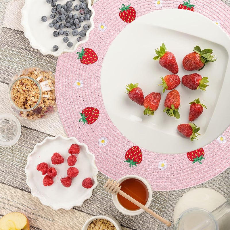Whaline 4Pcs Round Placemats Daisy Strawberry Embroidered Place Mats Summer Strawberry Dinner Table Mats for Home Wedding Baby Shower Birthday Party Decor - Image 5