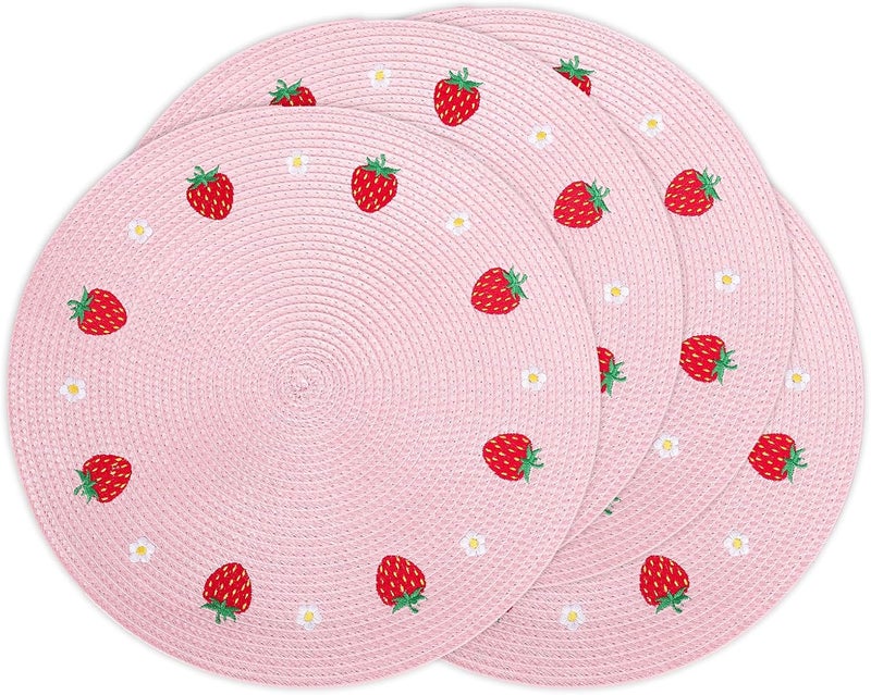 Whaline 4Pcs Round Placemats Daisy Strawberry Embroidered Place Mats Summer Strawberry Dinner Table Mats for Home Wedding Baby Shower Birthday Party Decor - Image 1