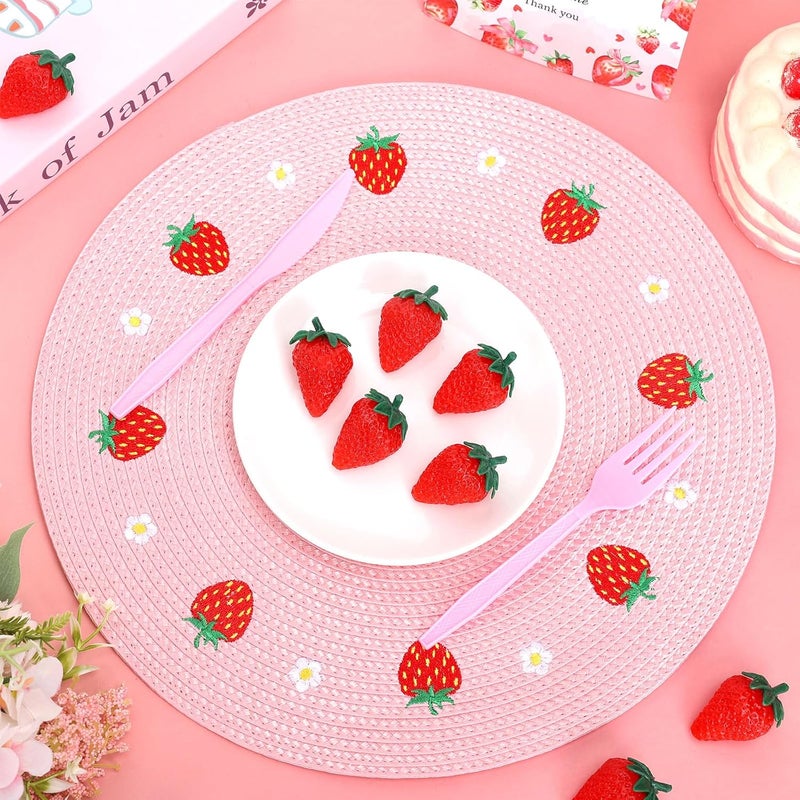 Whaline 4Pcs Round Placemats Daisy Strawberry Embroidered Place Mats Summer Strawberry Dinner Table Mats for Home Wedding Baby Shower Birthday Party Decor - Image 3