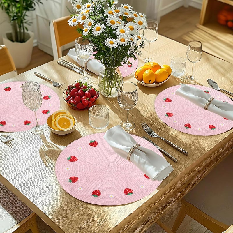 Whaline 4Pcs Round Placemats Daisy Strawberry Embroidered Place Mats Summer Strawberry Dinner Table Mats for Home Wedding Baby Shower Birthday Party Decor - Image 4