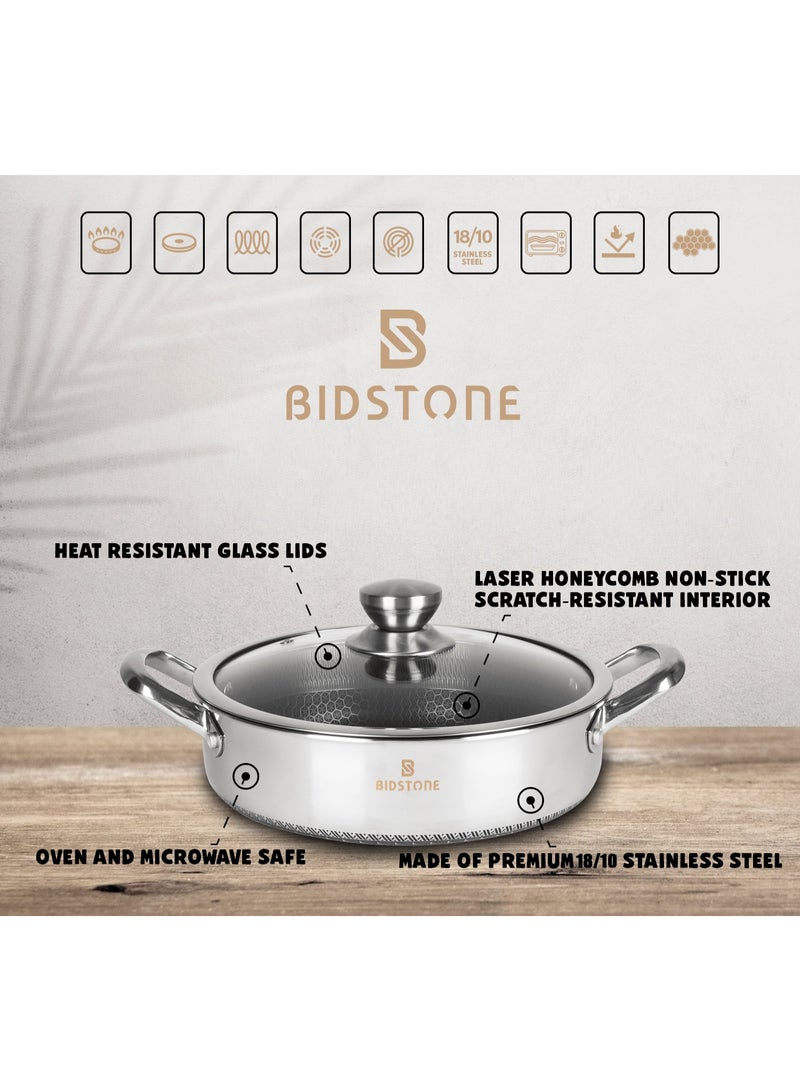 Bidstone Premium Stainless-Steel Shallow Pot 32 CM (6.7 L) – Induction Ready, Microwave Safe, Non-Stick Interior, Easy to Clean, Silver Color, 2-Piece Set - Image 2