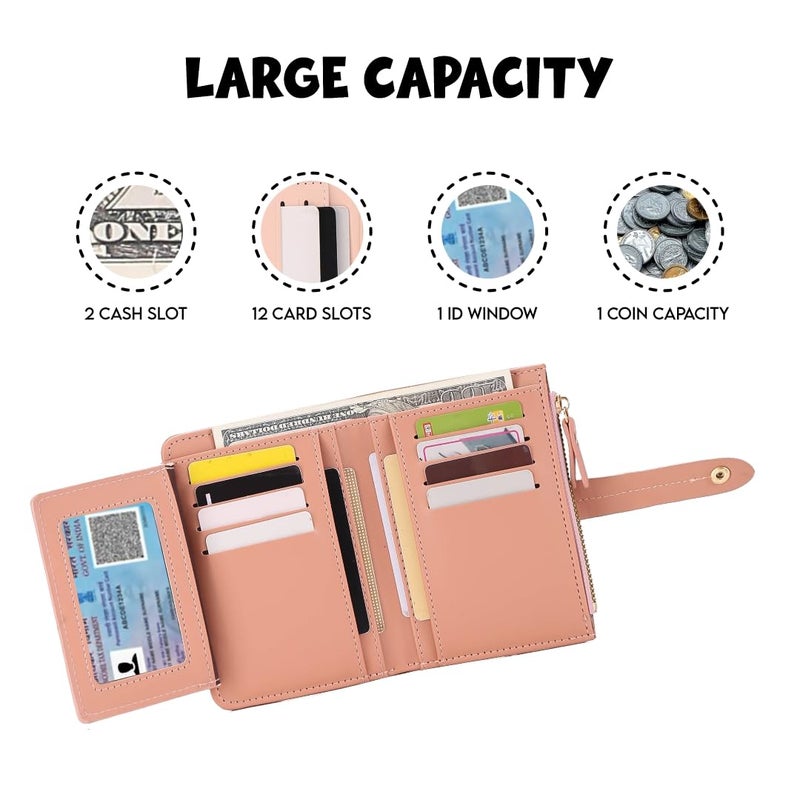 Elios Women's Wallet Vegan Leather Bifold Small Card Holder Coin Holder Compact Ladies Purse with 12 Card Slots, Zipper Pocket and RFID Blocking | Snap Closure | Mini Purse for Women (Peach) - Image 4