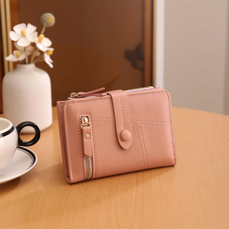 Elios Women's Wallet Vegan Leather Bifold Small Card Holder Coin Holder Compact Ladies Purse with 12 Card Slots, Zipper Pocket and RFID Blocking | Snap Closure | Mini Purse for Women (Peach) - Image 2